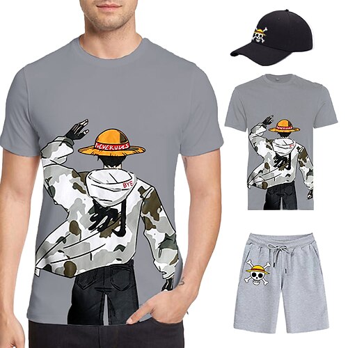 

One Piece Affe D. Ruffy T-Shirt-Ärmel Kurze Hosen Baseballmütze Bedruckt Grafik Unterhose T-shirt Hut Für Herren Erwachsene Heißprägen 100% Polyester Casual