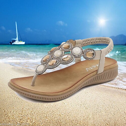 

Femme Sandales Bohème Sandales plates Grandes Tailles Extérieur Plage Strass Talon Plat Bout ouvert Elégant Décontractées Minimalisme Faux Cuir Bande élastique Couleur unie Amande Brun claire Noir