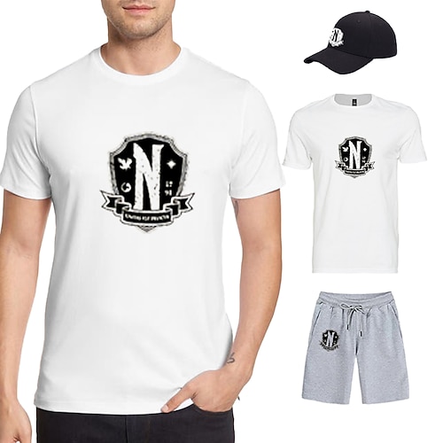 

Three Piece Printed T-Shirt Shorts Baseball Caps Co-ord Sets Wednesday Addams Nevermore Academy Graphic Outfits Matching For Men's Adults' Casual Daily Running Gym Sports