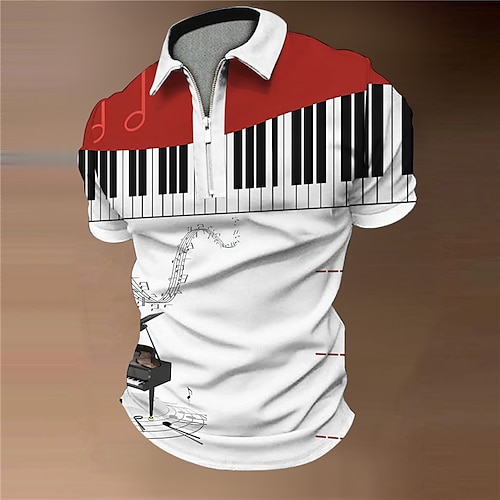 

Herre Zip Polo POLO T-skjorte Golf skjorte Grafiske trykk Musikk Noter Pano Keys Aftæpning Vin Blå utendørs Gate Kort Erme Glidelås Trykt mønster Klær Mote Designer Fritid Pustende
