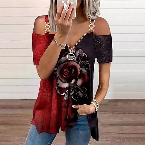 

Damen T Shirt Rote Blau Purpur Blumen Viertel Postleitzahl Bedruckt Kurzarm Casual Festtage Basic V Ausschnitt Standard Blume S