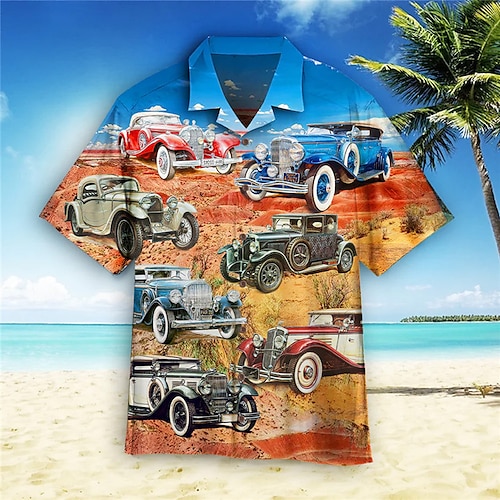 

Men's Shirt Summer Hawaiian Shirt Car Graphic Prints Turndown Blue Street Casual Short Sleeves Button-Down Print Clothing Apparel Tropical Fashion Streetwear Hawaiian