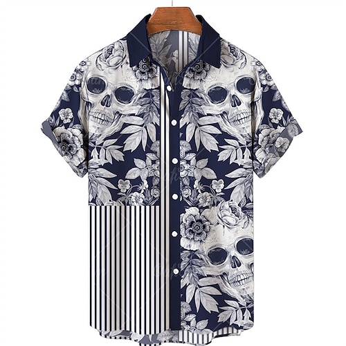 

Men's Shirt Summer Hawaiian Shirt Floral Skull Graphic Prints Turndown Navy Blue Outdoor Street Short Sleeves Button-Down Print Clothing Apparel Sports Fashion Streetwear Designer