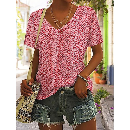 

Damen T Shirt Rosa Blumen Bedruckt Kurzarm Festtage Wochenende Basic V Ausschnitt Standard Blume Farbe S