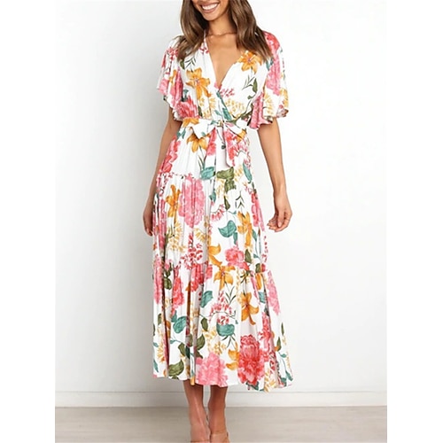 

Per donna Vestito casual Vestito svasato Abito estivo Floreale Lacci A pieghe A V Vestito longuette Elegante Classico Giornaliero Per eventi Manica corta Standard Nero Bianco Giallo Estate Primavera