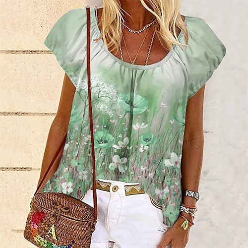 

Mulheres Camiseta Peplum Azul Roxo Verde Floral Imprimir Manga Curta Casual Feriado Básico Decote Redondo Padrão Tema Flores S