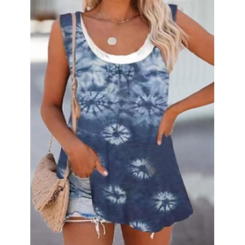 

Women's Tank Top Dark Blue Tie Dye Print Sleeveless Casual Basic Round Neck Regular S