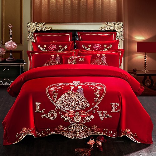 

Conjunto de quatro peças de casamento macio e confortável grande algodão vermelho bordado de algodão puro roupa de cama casamento festivo