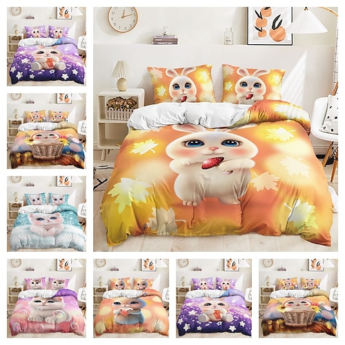 

mignon dessin animé illustration animal lapin chat housse de couette ensemble deux pièces ensemble 3 pièces comprenant une housse de couette 1 ou 2 taies d'oreiller ensemble de literie