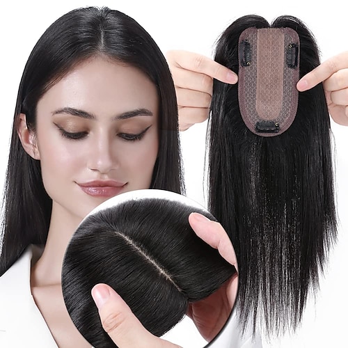 

topper per capelli umani per donna capelli veri remy densità 150% base in seta 7 13 cm senza frangia clip in pezzi di capelli parrucchino dritto per capelli diradati 16 pollici # 1b nero naturale