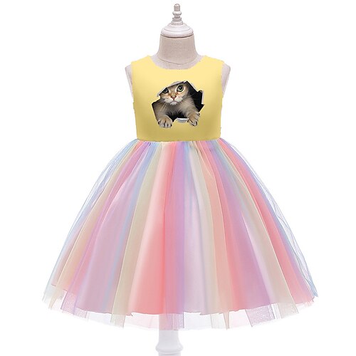 

Bambino Da ragazza Vestito Gatto Abito linea A Al ginocchio Vestito Prestazioni Girocollo Senza maniche Di tendenza Vestito 4-12 anni Estate Giallo Viola