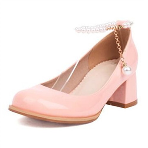 

Women's Heels Ankle Strap Heels Daily Chunky Heel Round Toe Cute Patent Leather Ankle Strap Solid Color Black White Pink