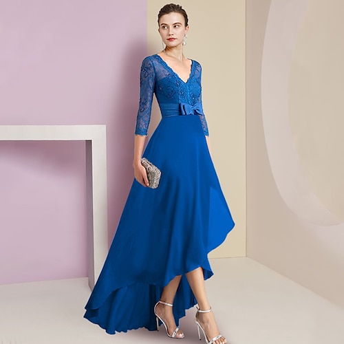

Linea-A Abito da cerimonia per signora Formale Invitati del matrimonio Elegante Orlo asimmetrico A V Asimmetrico Lunghezza tè Chiffon Di pizzo Manica a 3/4 con Fiocco (fiocchi) 2023