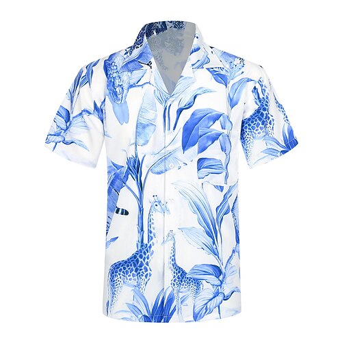 

Homens Camisa Social Camisa havaiana Estampas Abstratas Folhas colar cubano Azul Casual Feriado Manga Curta Botão para baixo Imprimir Roupa Esportes Moda Roupa de rua Designer