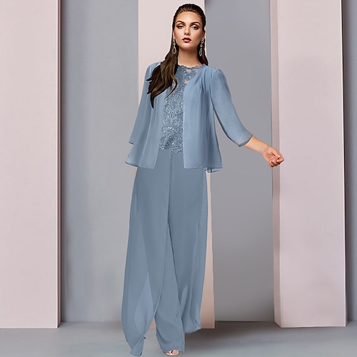 

Pantsuit 3 -dels jakkesæt Kjole til brudens mor Formel Fest Elegant Scoop hals Gulvlang Chiffon Blondelukning 3/4-ærmer med Applikeret broderi 2023