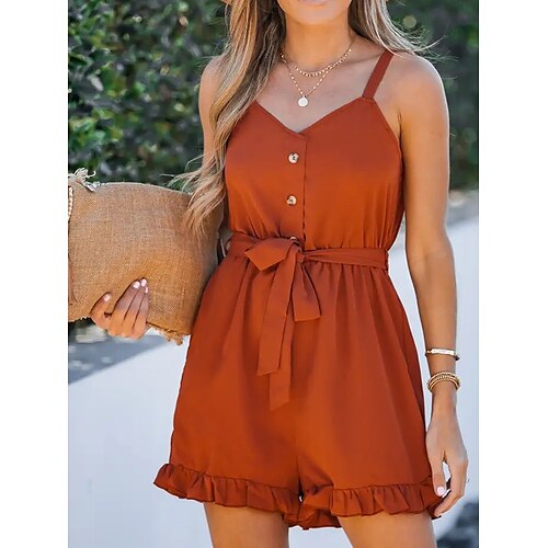 

Damen Kurz Jumpsuit mit Schnürung Rüsche Feste Farbe V Ausschnitt Urlaub Brautkleider schlicht Täglich Urlaub Regular Fit Ärmellos Orange S M L XL Sommer