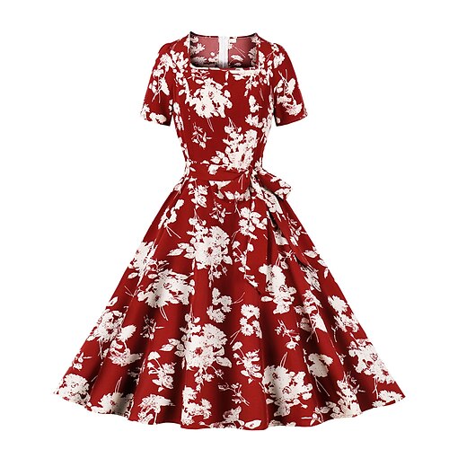 

1950s Floral Swing Dress Flare Dress Retro Vintage A-Line Dress Women's Holiday Vacation Dress Short Sleeve Medium Length