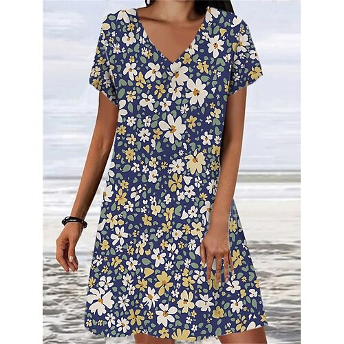 

abito maglione casual da donna abito maglione floreale abito maglione estivo grafica stampa floreale scollo a v mini abito maglione moda moderna vacanza quotidiana manica corta vestibilità ampia blu