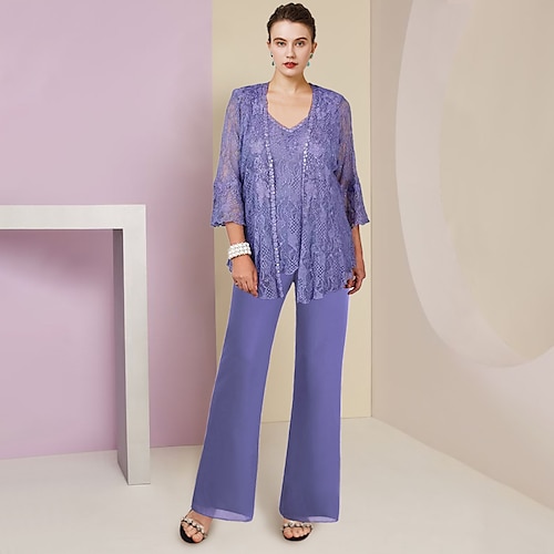 

Pantalone Abito 3 pezzi Abito da cerimonia per signora Formale Elegante A V Lungo Chiffon Di pizzo Manica corta Stola inclusa con Con applique 2023