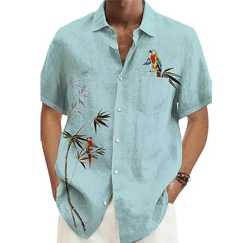 

Homens Camisa Social Camisa havaiana Pássaro Estampas Abstratas Folhas colar cubano Azul Casual Havaiana Manga Curta Botão para baixo Imprimir Roupa Linho Esportes Moda Roupa de rua Designer