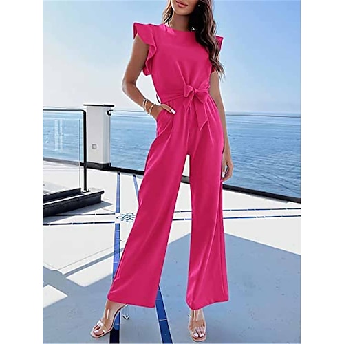 

Women's Jumpsuit Lace up Ruffle Solid Color Crew Neck Streetwear Office Work Regular Fit Short Sleeve Wine Navy Blue Royal Blue S M L Summer