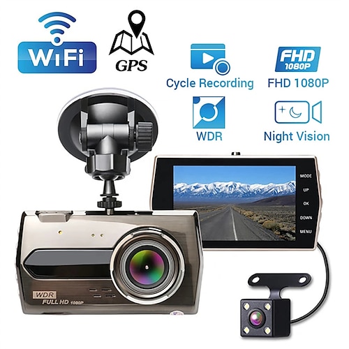 

voiture dvr wifi 4.0 pouces écran full hd 1080p double lentille vue arrière dash cam caméra de véhicule enregistreur vidéo 24 heures moniteur de stationnement détecteur de mouvement automatique