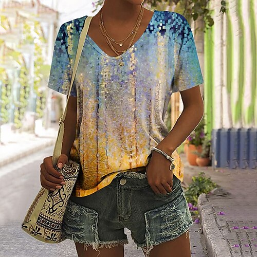 

Women's T shirt Tee Black White Yellow Graphic Striped Print Short Sleeve Daily Weekend Basic V Neck Regular Geometric Painting S