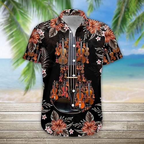 

Homens Camisa Social Camisa havaiana Estampas Abstratas Música Instrumento Musical Aberto para a Lateral Preto Ao ar livre Rua Manga Curta Botão para baixo Imprimir Roupa Moda Roupa de rua Designer