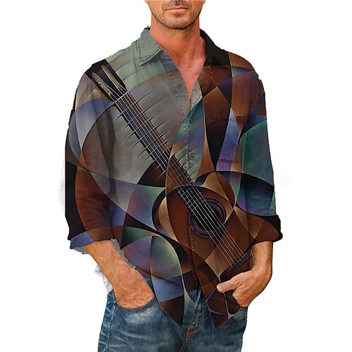 

Hombre Camisa Estampados Guitarra Instrumento musical Cuello Vuelto Marrón Calle Casual Manga Larga Abotonar Estampado Ropa Moda Ropa de calle Design Suave