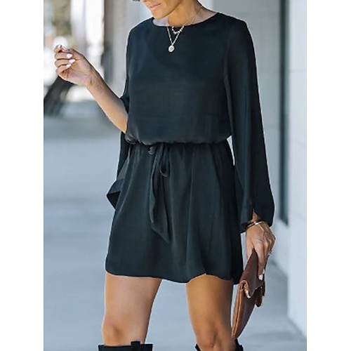 

Mulheres Macacão Cordões Côr Sólida Gola Redonda Roupa de rua Rua Diário Normal Manga Longa Preto XS S M Verão