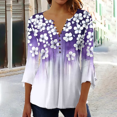 

Mulheres Camisa Social Blusa Rosa Roxo Verde Floral Botão Imprimir Manga 3/4 Feriado Final de semana Básico Decote Redondo Padrão Tema Flores S