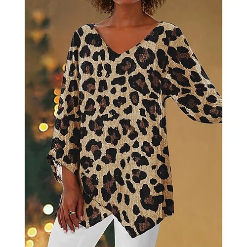 

Mulheres Camisa Social Blusa Preto Marron Arco-íris Leopardo Floral Imprimir Manga Longa Casual Feriado Básico Decote V Longo Tema Flores S