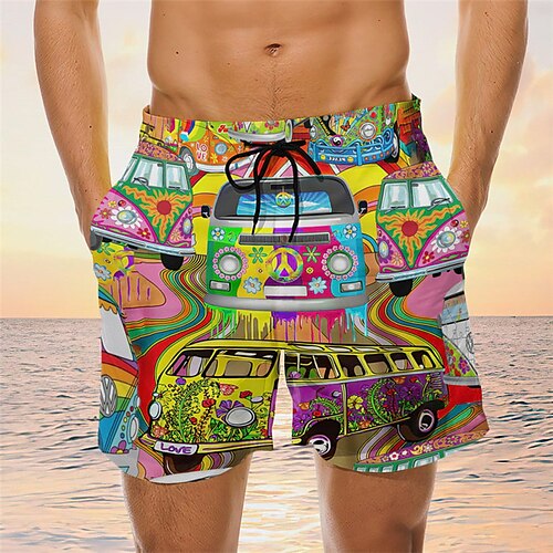 

Herre Surf shorts Badeshorts Snørelukning med mesh-for Elastisk Talje Hippie bus Grafiske tryk Hurtigtørrende Korte Afslappet Daglig Ferie Hawaiiansk Boheme Gul Mikroelastisk