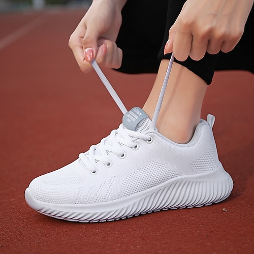 

Dame Kondisko Flyknit sko udendørs Daglig Snøring Flade hæle Rund Tå Afslappet Minimalisme Løb Flyvende vævning Snøre Hvid