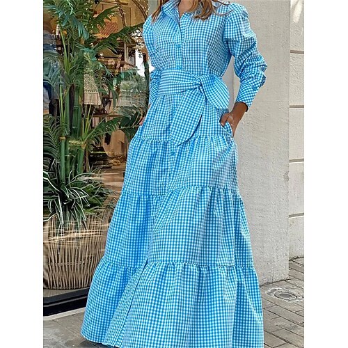 

Per donna Abito chemisier Abito casual Vestito maxi Esterno Giornaliero Appuntamento Poliestere Di tendenza Moderno Colletto Lacci Pulsante Manica lunga Estate Primavera Autunno 2023 Standard Blu A