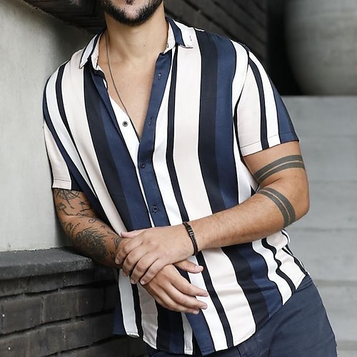 

Per uomo Camicia Camicia con bottoni Camicia estiva Maglietta informale Blu scuro Maniche corte A strisce Bavero Strada Da mare Stampa Abbigliamento Di tendenza Comodo Hawaiano