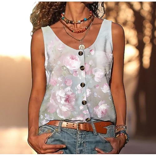 

Mujer Camiseta sin mangas Rosa Azul Piscina Verde Trébol Floral Botón Estampado Sin Mangas Festivos Fin de semana Básico Escote en U Regular Flor S