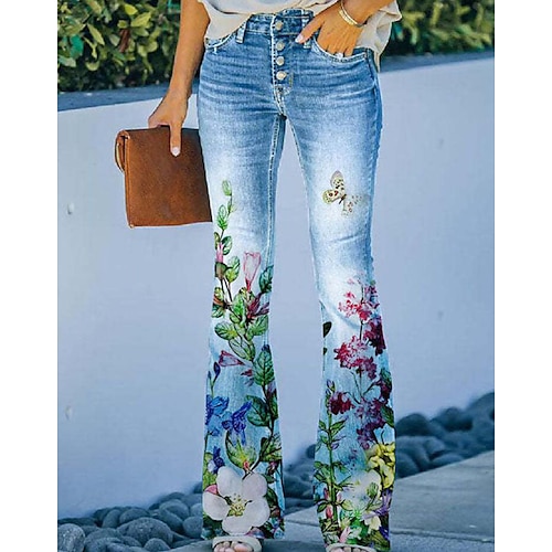 

Dame Bootcut Flared bukser Klokkebund Bukser Kunstig Denim 1 2 3 Høj Talje Mode Gade Afslappet Daglig Trykt mønster Høj Elasticitet Fuld længde Blomst S M L XL XXL
