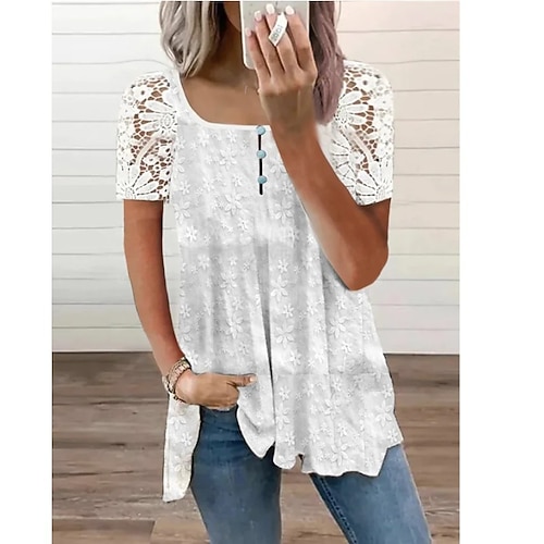 

Damen Hemd Bluse Weiß Glatt Spitze Taste Kurzarm Casual Basic Quadratischer Ausschnitt Standard S