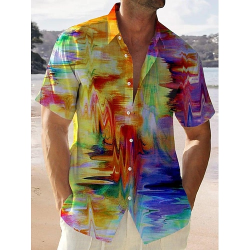 

Men's Shirt Summer Hawaiian Shirt Gradient Graphic Prints Turndown Rainbow Street Casual Short Sleeves Button-Down Print Clothing Apparel Fashion Streetwear Designer Soft