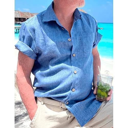 

Per uomo camicia di lino Camicia estiva Camicia da spiaggia Blu Manica corta Liscio Bavero Primavera estate Hawaiano Per eventi Abbigliamento Tasche