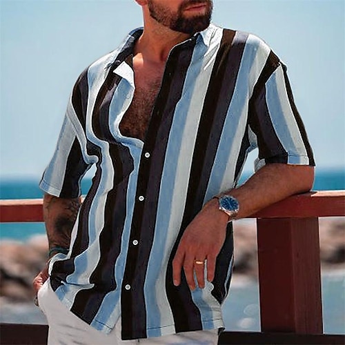 

Hombre Camisa camisa hawaiana A Rayas Estampados Cuello Vuelto Azul Piscina Calle Casual Mangas cortas Abotonar Estampado Ropa Tropical Moda Ropa de calle Hawaiano