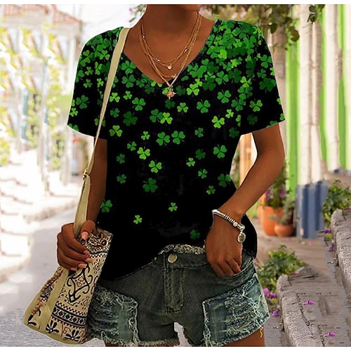 

Mulheres Camiseta Preto Folha Imprimir Manga Curta Diário Final de semana Dia de São Patrício Decote V Padrão Pintura Feliz dia de St.Patrick S