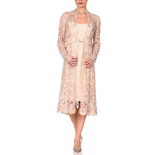 

Todelt Kjole til brudens mor Bryllupsgjest Fest Elegant Petit Halsbåt Te-lengde Chiffon Blonder Langermet med Krystallbrosje 2023