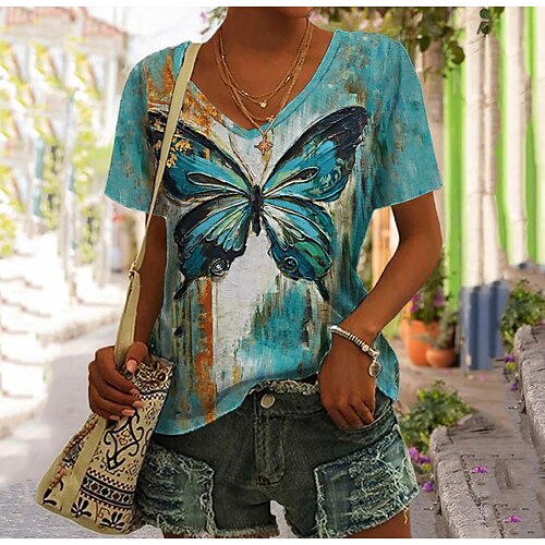 

Damen T Shirt Rosa Blau Purpur Schmetterling Bedruckt Kurzarm Festtage Wochenende Basic V Ausschnitt Standard Schmetterling Farbe S