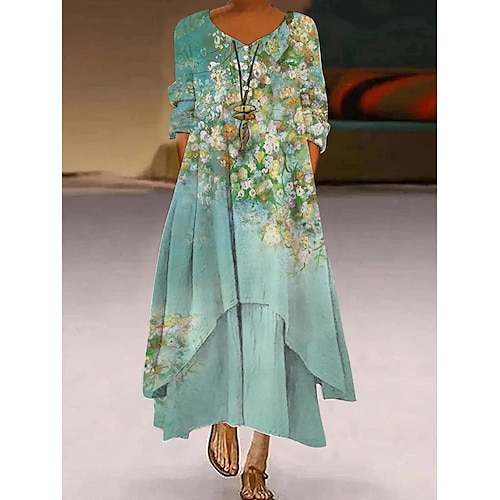 

Per donna Abito lungo Abito lungo Abito casual Vestito svasato Abito stampato Floreale Di tendenza Moderno Giornaliero Da mare Fine settimana Pulsante Multistrato Manica a 3/4 Girocollo Vestito