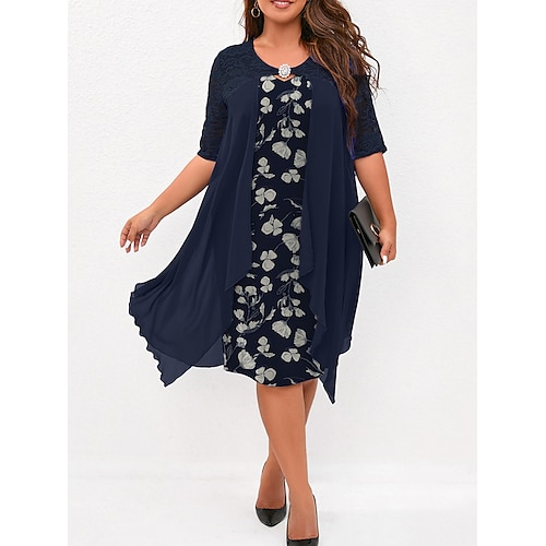 

Dame Plusstørrelser Blonde kjole Arbejdskjole Chiffonkjoler Blomstret Midikjole Halvlange ærmer Blonder falske to stykker Rund hals Mode Kontor Mørkeblå Sommer Forår L XL XXL 3XL 4XL
