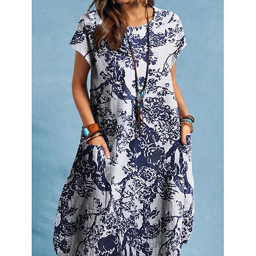 

Per donna Abito in cotone e lino Abito casual Vestito longuette Misto cotone Essenziale Informale Esterno Giornaliero Da mare Girocollo Tasche Stampa Manica corta Estate Primavera 2023 Morbido Bianco