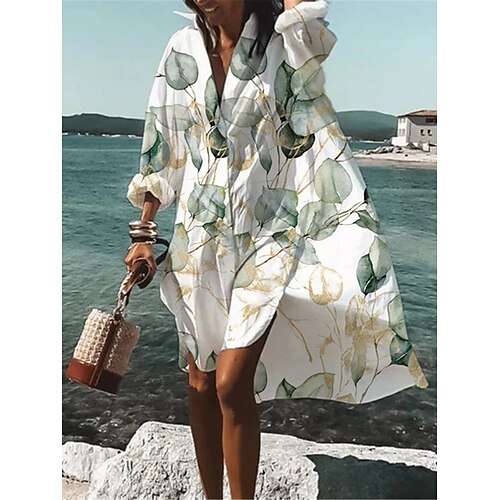 

Dame Skjortekjole Hverdagskjole Swing Kjole Mini kjole udendørs Daglig Ferierejse Polyester Mode Afslappet Krave Knap Trykt mønster Langærmet Sommer Forår Efterår 2023 Løstsiddende Grøn Blad S M L XL