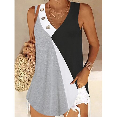 

Damen Tank Top Grau Farbblock Taste Ärmellos Casual Basic V Ausschnitt Standard M